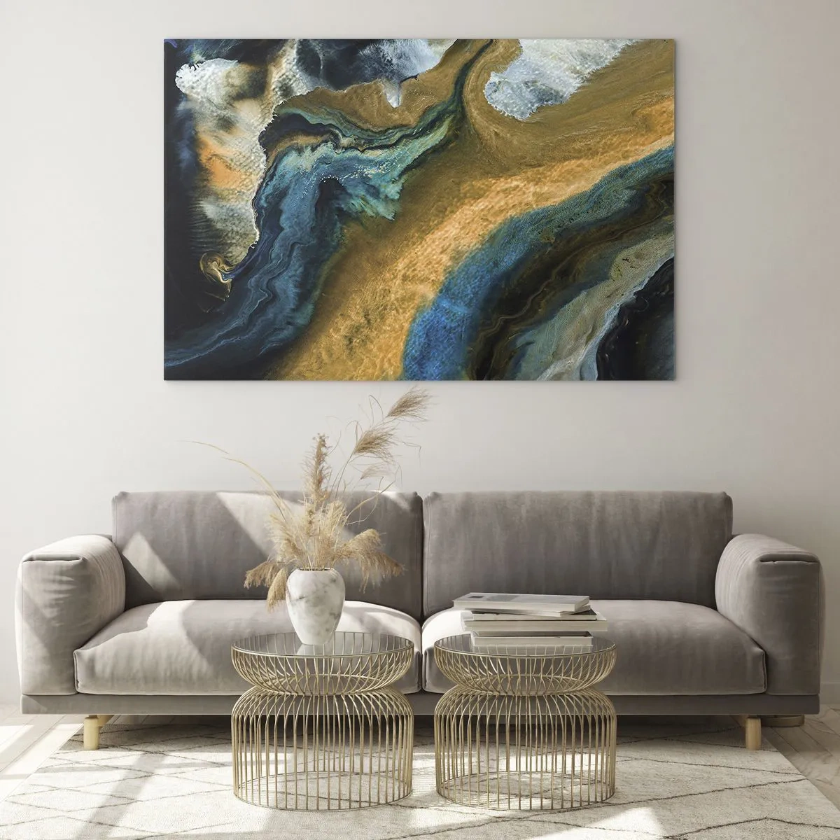 Quadro em vidro - Composição abstrata em tons de azul e dourado - 70x50cm - Azul – amarelo – influências mútuas - Decoração de parede moderna para a sala de estar e quarto ARTTOR