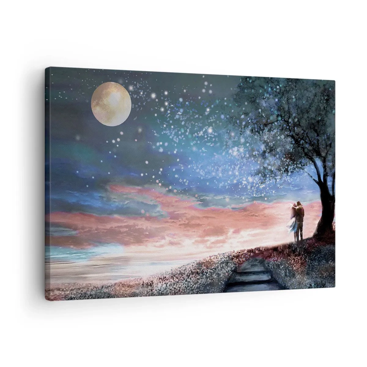 Quadro em tela - Cena romântica de casal sob a lua cheia - 70x50cm - Espetáculo estrelado - Decoração de parede moderna para a sala de estar e quarto ARTTOR