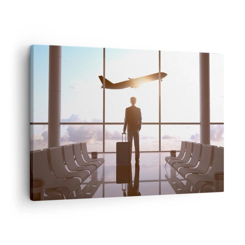 Quadro em tela - Empresário no aeroporto com um avião ao fundo - 70x50cm - Tem tempo, desacelere - Decoração de parede moderna para a sala de estar e quarto ARTTOR