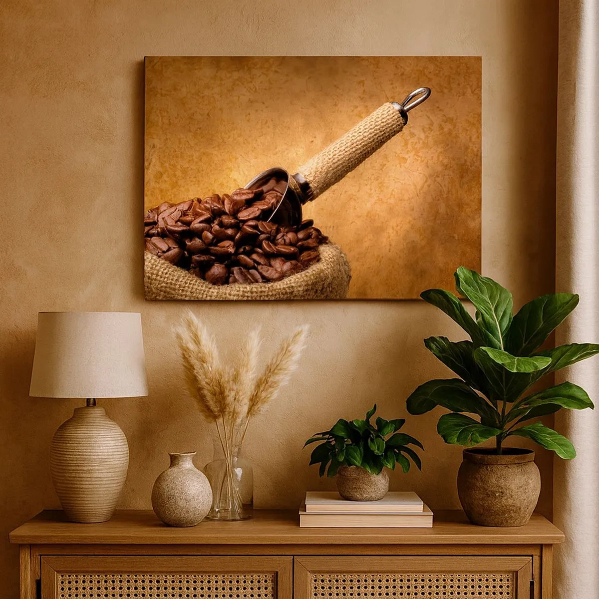 Quadro em tela - Grãos de café em um saco de juta com uma colher de metal - 70x50cm - Na fonte do sabor - Decoração de parede moderna para a sala de estar e quarto ARTTOR