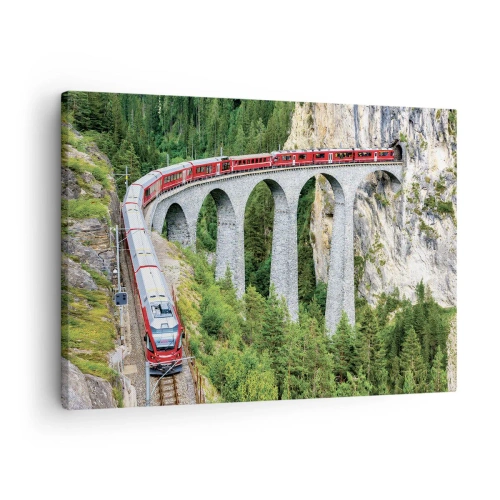 Quadro em tela - Um trem em um viaduto pitoresco em uma paisagem montanhosa - 70x50cm - Linha férrea com vista para a montanha - Decoração de parede moderna para a sala de estar e quarto ARTTOR