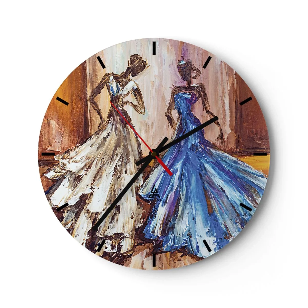 Relógio de parede - Relógio em vidro - Duas mulheres em vestidos artísticos de estilo pictórico - 30x30cm - Uma bela dupla - Decoração de parede moderna para a sala de estar, cozinha e quarto ARTTOR