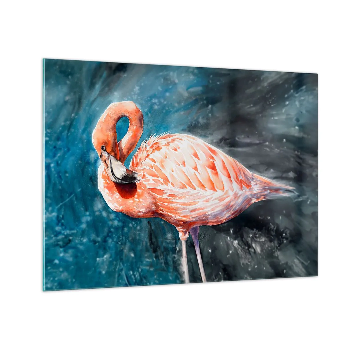 Quadro em vidro - Um flamingo rosa contra um fundo de aquarela azul - 70x50cm - Decorativo por natureza - Decoração de parede moderna para a sala de estar e quarto ARTTOR