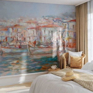 Papel de Parede Standard Eco - Férias em pastel - Porto da cidade, Arquitetura, Barco de pesca - 350x256 cm