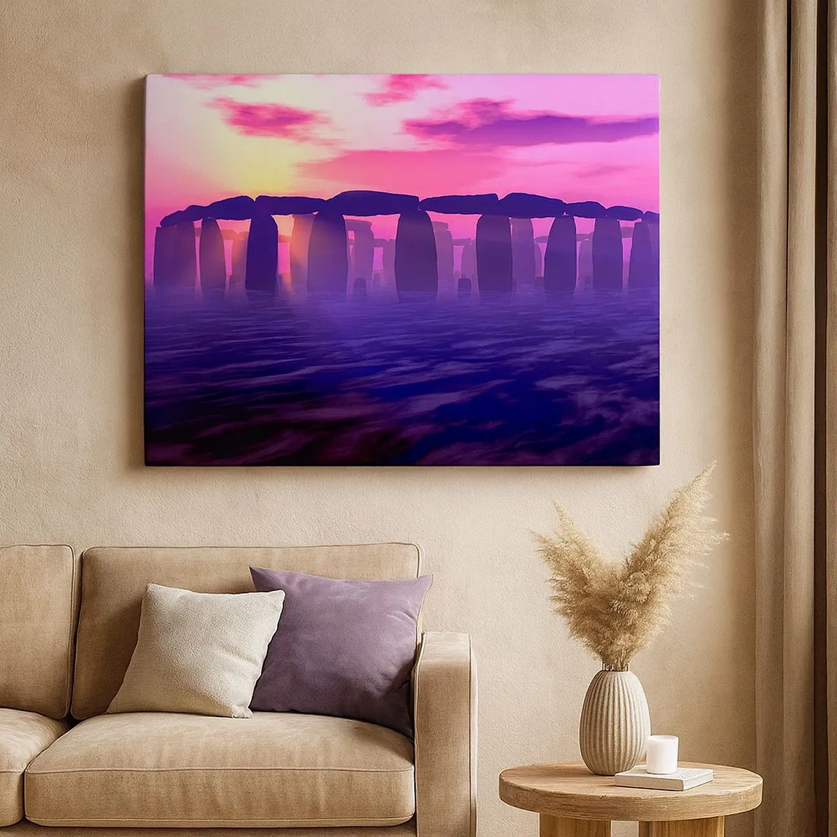 Quadro em tela - Círculo de pedras ao pôr do sol com céu roxo - 70x50cm - O mistério do amanhecer no nevoeiro - Decoração de parede moderna para a sala de estar e quarto ARTTOR