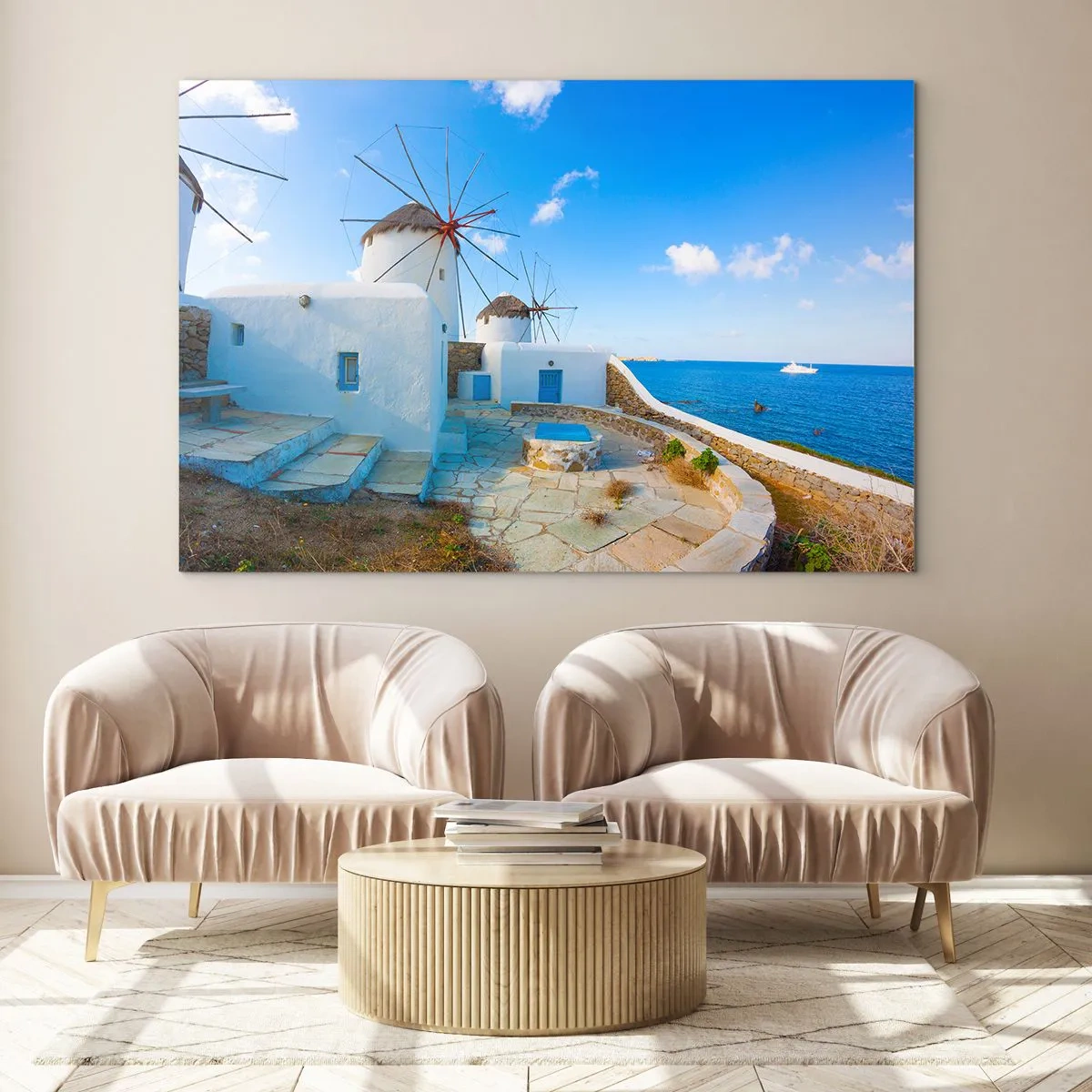 Quadro em vidro - Moinhos de vento na costa do Mar Egeu - 70x50cm - Vento azul do mar - Decoração de parede moderna para a sala de estar e quarto ARTTOR
