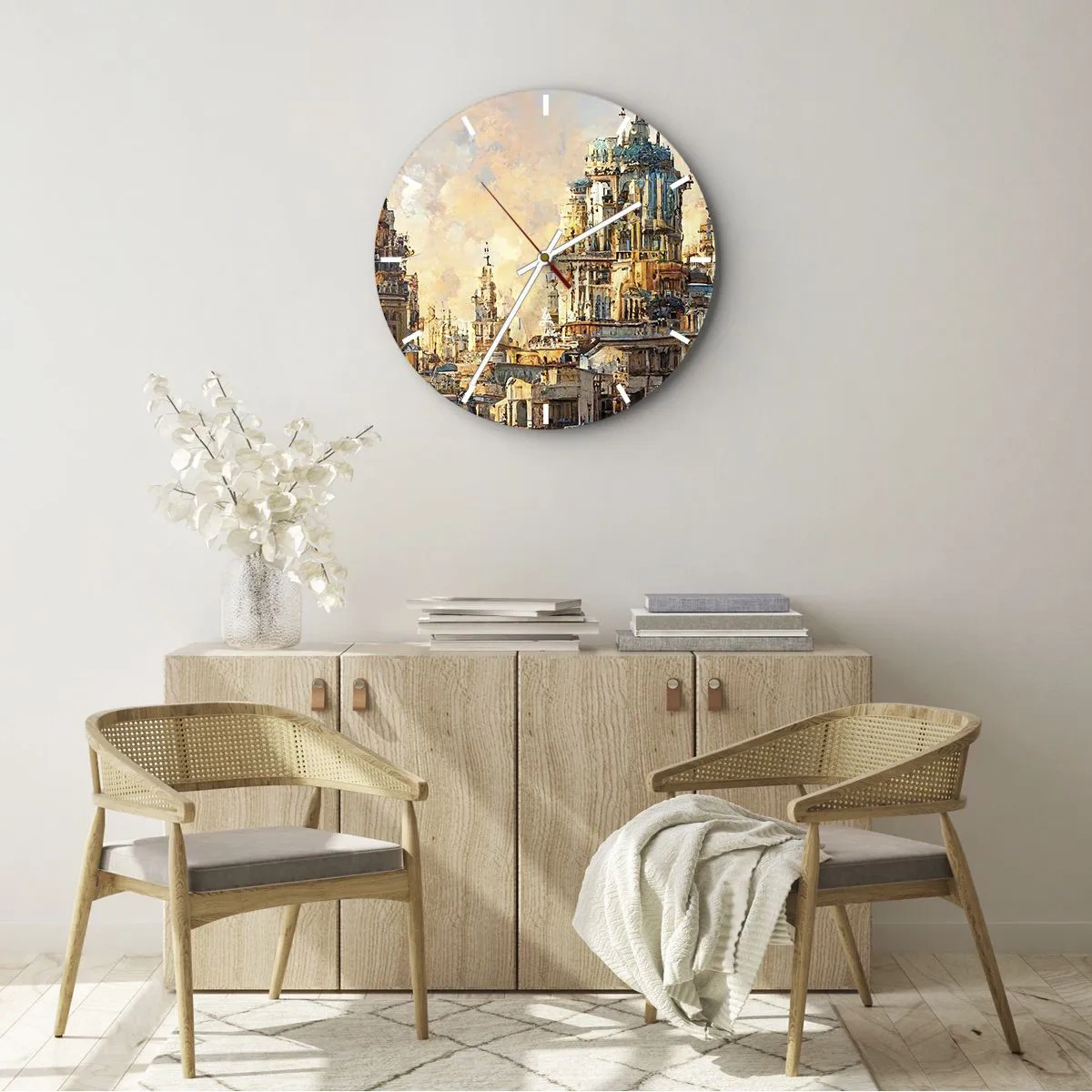 Relógio de parede - Relógio em vidro - As torres e edifícios de uma cidade fantástica ao pôr do sol - 30x30cm - Cidade das cidades - Decoração de parede moderna para a sala de estar, cozinha e quarto ARTTOR