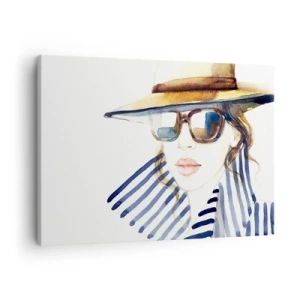 Quadro em tela - Retrato de uma mulher com chapéu e óculos de sol - 70x50cm - Bem-vindo à Flórida - Decoração de parede moderna para a sala de estar e quarto ARTTOR