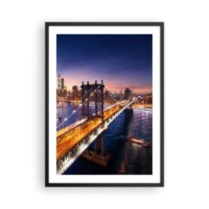 Pôster com moldura preta - Ponte da Cidade de Nova York à noite com vista da cidade - 50x70cm - Uma ponte luminosa para o coração da cidade - Decoração de parede moderna para a sala de estar e quarto ARTTOR