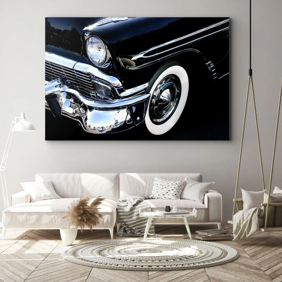 Quadro em tela - Close-up do farol e do para-lama de um carro clássico preto - 70x50cm - Clássicos em prata, preto e branco - Decoração de parede moderna para a sala de estar e quarto ARTTOR