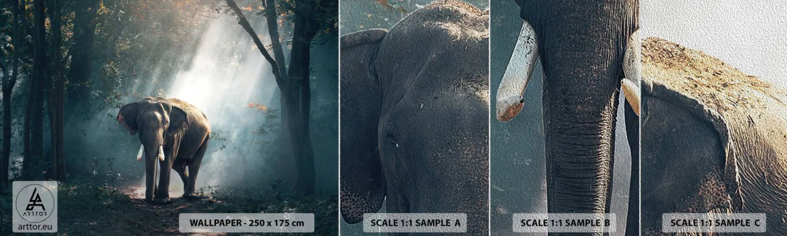 Amostra de papel de parede Premium Sand - Um passeio descontraído - Animais, Elefante, Selva - 100x30 cm