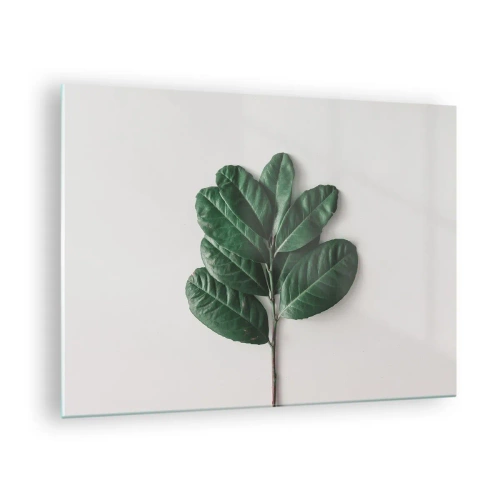 Quadro em vidro - Um galho com folhas verdes em um fundo claro - 70x50cm - Desenho da própria natureza - Decoração de parede moderna para a sala de estar e quarto ARTTOR