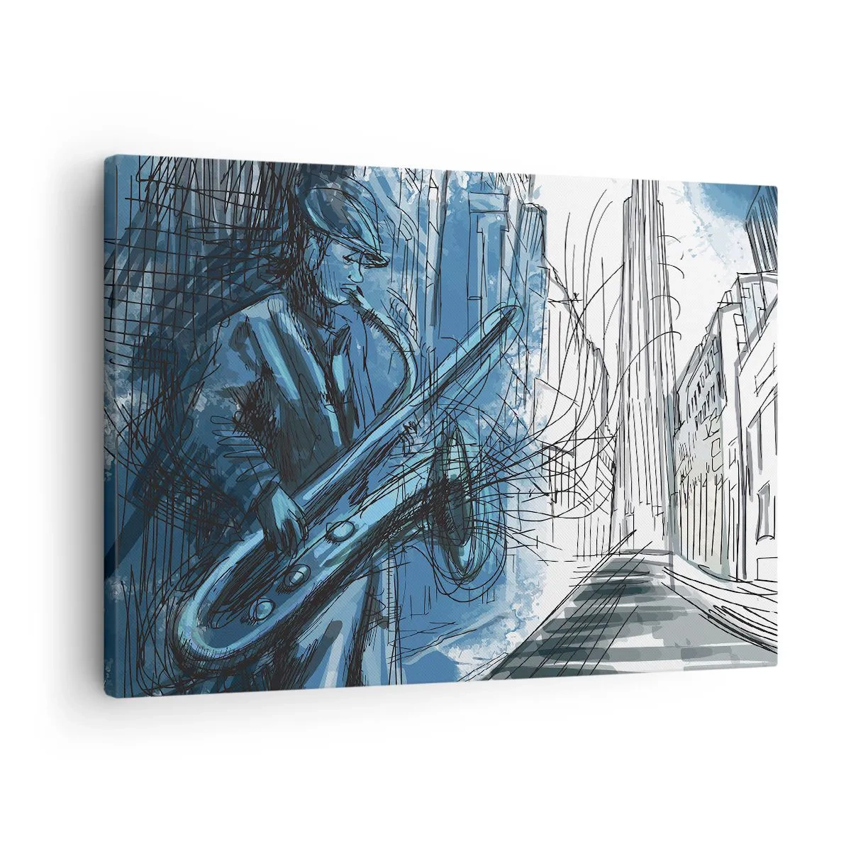 Quadro em tela - Uma figura tocando saxofone tendo como pano de fundo uma cidade - 70x50cm - Rapsódia Urbana - Decoração de parede moderna para a sala de estar e quarto ARTTOR
