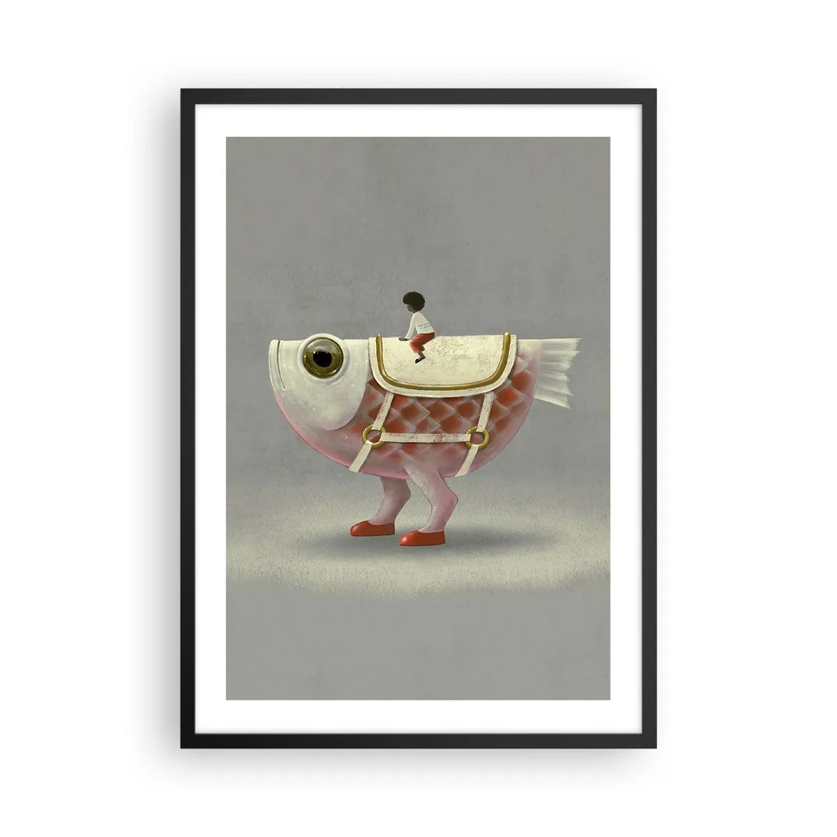 Pôster com moldura preta - Um peixe de fantasia com uma sela e uma figura em um fundo cinza - 50x70cm - O cavaleiro Peixoso - Decoração de parede moderna para a sala de estar e quarto ARTTOR