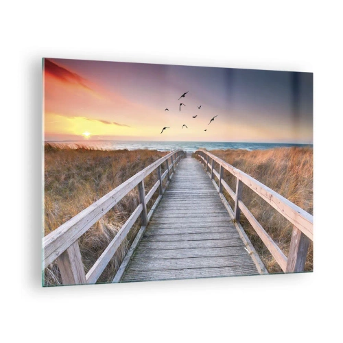 Quadro em vidro - Uma passarela de madeira sobre as dunas que leva à praia ao pôr do sol - 70x50cm - O espaço das alturas - Decoração de parede moderna para a sala de estar e quarto ARTTOR
