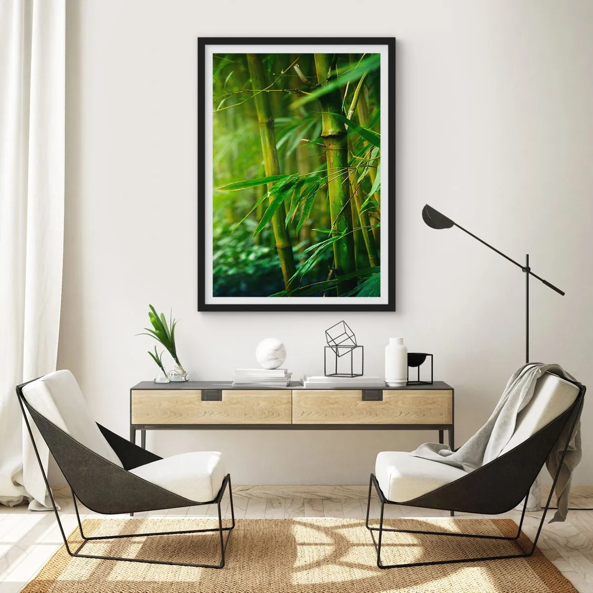 Pôster com moldura preta - Um bosque de bambu em tons de verde - 50x70cm - Conheça a vegetação  - Decoração de parede moderna para a sala de estar e quarto ARTTOR