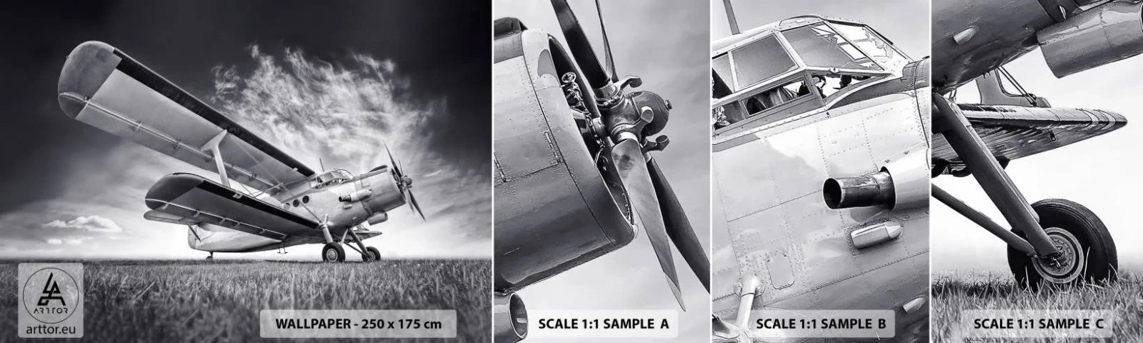 Amostra de papel de parede autocolante Deluxe Sticker - Andarilho alado - Avião, Aeronave, Preto e branco - 100x30 cm