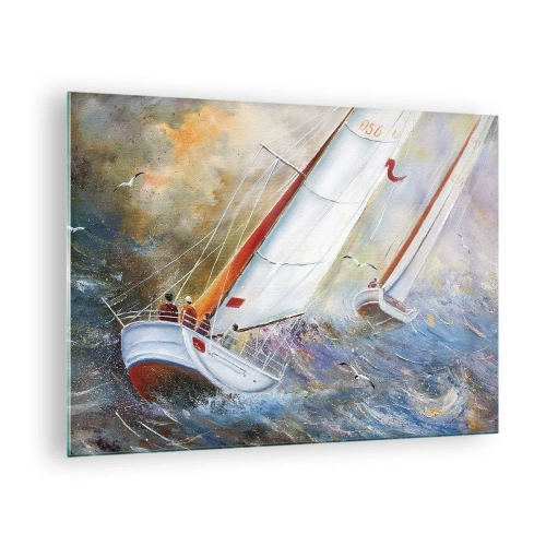 Quadro em vidro - Veleiros em mar agitado durante uma regata - 70x50cm - Correr sobre as ondas - Decoração de parede moderna para a sala de estar e quarto ARTTOR
