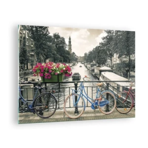 Quadro em vidro - Bicicletas coloridas na ponte do canal - 70x50cm - Cores da rua de Amsterdã - Decoração de parede moderna para a sala de estar e quarto ARTTOR