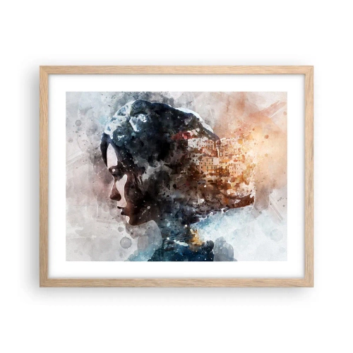 Pôster com moldura de carvalho claro - Uma história sobre uma menina e uma cidade ao fundo - 50x40 cm