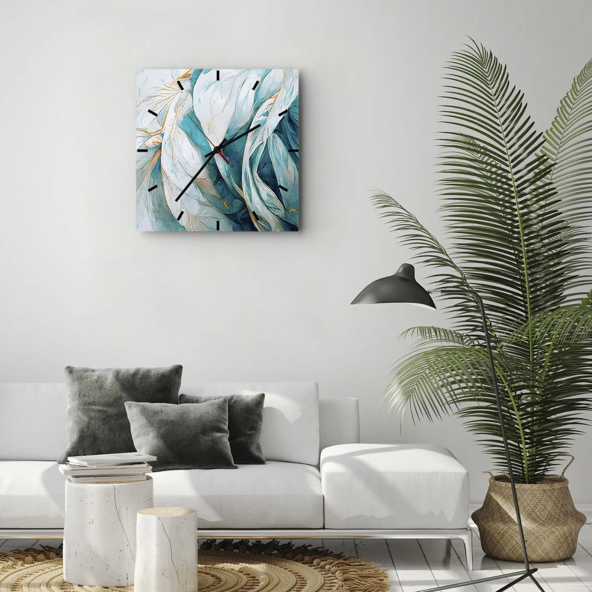 Relógio de parede - Relógio em vidro - Abstração azul com lema dourado - 40x40 cm