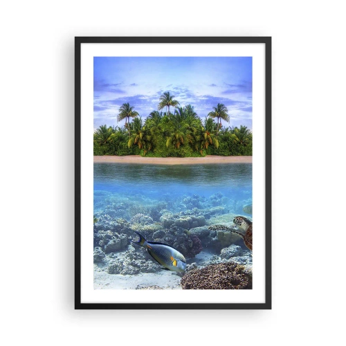 Pôster com moldura preta - Uma ilha tropical com um recife de corais e peixes exóticos. - 50x70cm - A Ilha Celestial lhe convida - Decoração de parede moderna para a sala de estar e quarto ARTTOR