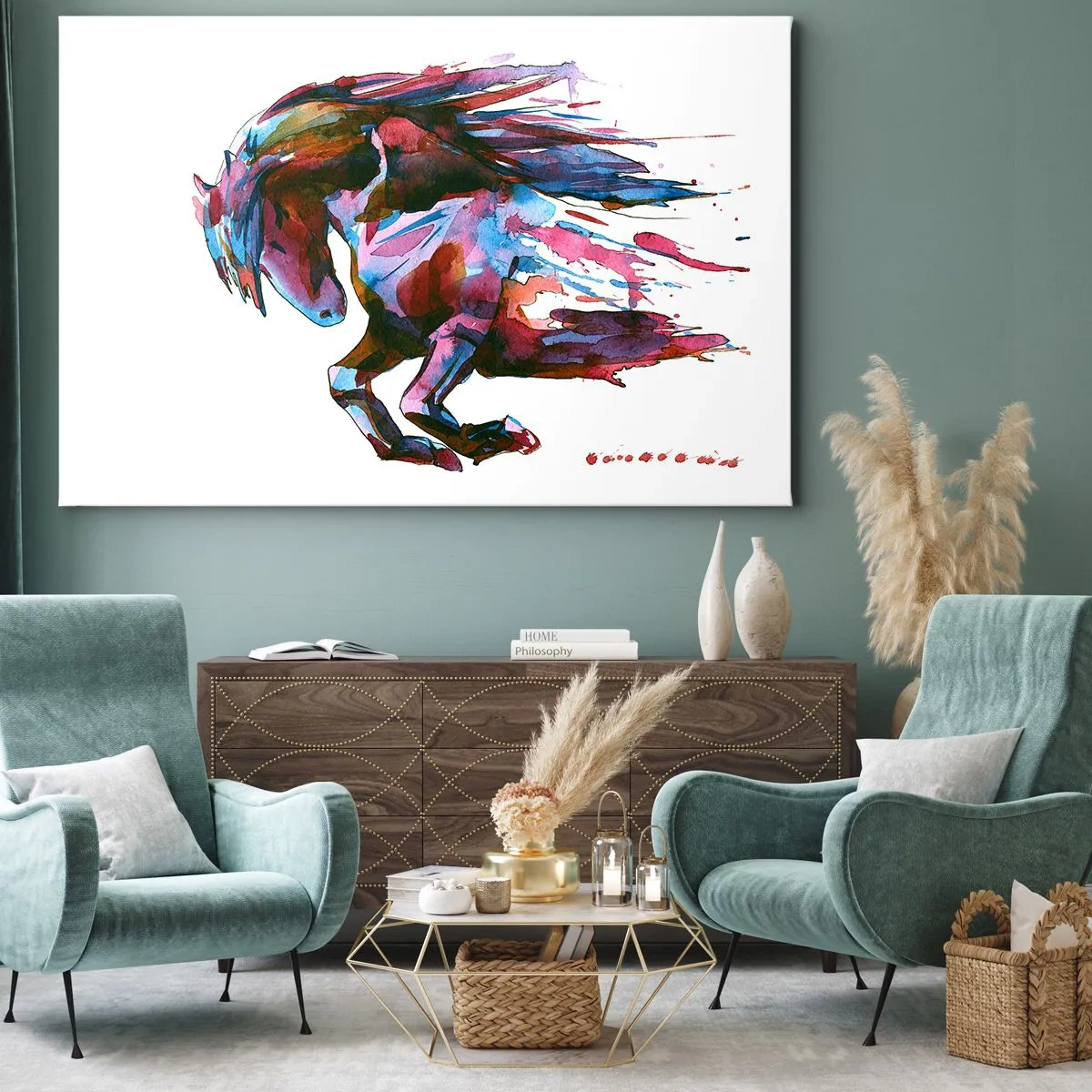 Quadro em tela - Um cavalo em cores abstratas dinâmicas simbolizando a liberdade - 70x50cm - Em êxtase - Decoração de parede moderna para a sala de estar e quarto ARTTOR