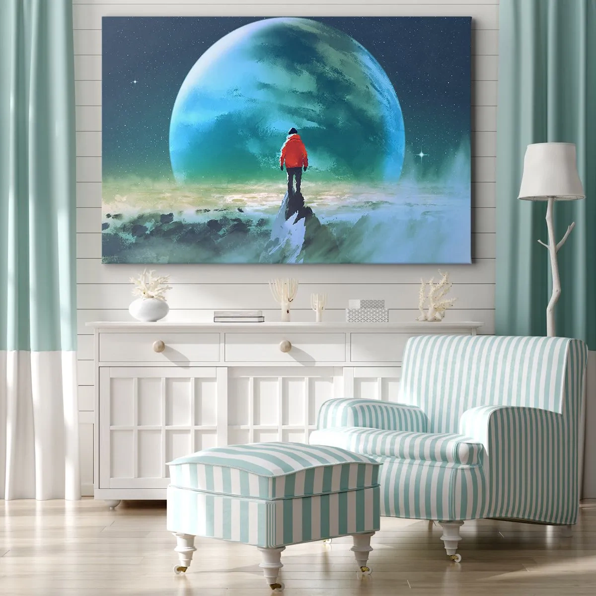 Quadro em tela - Um homem de jaqueta vermelha em pé em frente a um grande planeta com estrelas ao fundo. - 70x50cm - Descobridor de uma nova terra - Decoração de parede moderna para a sala de estar e quarto ARTTOR