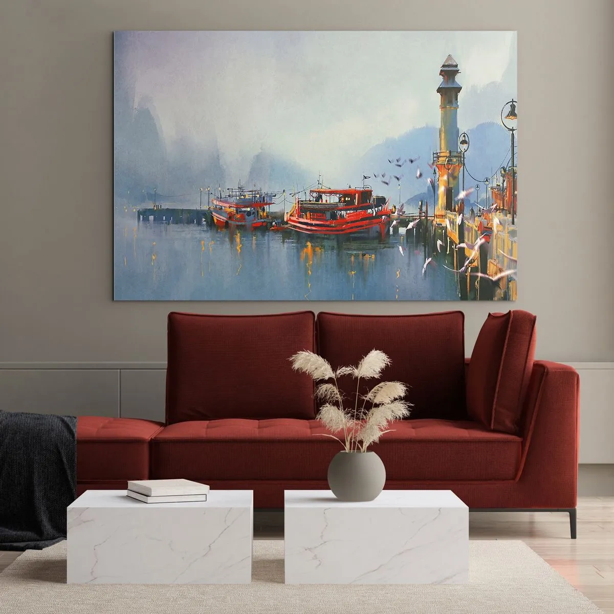 Quadro em vidro - Um porto com barcos vermelhos, um farol e pássaros tendo como pano de fundo as montanhas - 70x50cm - No fim do mundo - Decoração de parede moderna para a sala de estar e quarto ARTTOR