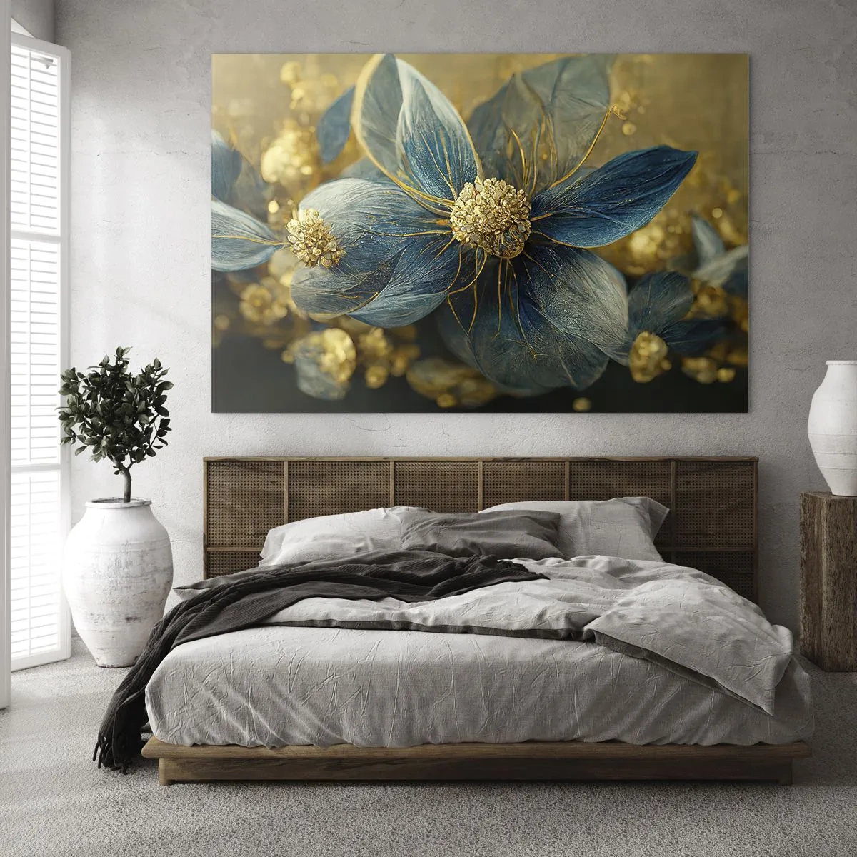 Quadro em vidro - Flores azuis e douradas com um toque luxuoso - 70x50cm - Florescer com ouro - Decoração de parede moderna para a sala de estar e quarto ARTTOR