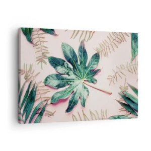 Quadro em tela - Folhas tropicais em um fundo pastel claro - 70x50cm - Estudo do verde em um fundo rosa - Decoração de parede moderna para a sala de estar e quarto ARTTOR