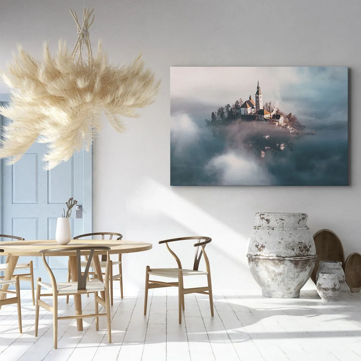 Quadro em tela - Uma ilha pitoresca com uma igreja cercada por neblina - 70x50cm - A ilha dos Sonhos - Decoração de parede moderna para a sala de estar e quarto ARTTOR