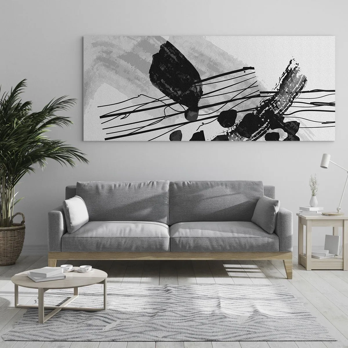 Quadro em vidro - Abstração orgánica em preto e branco - 120x50 cm