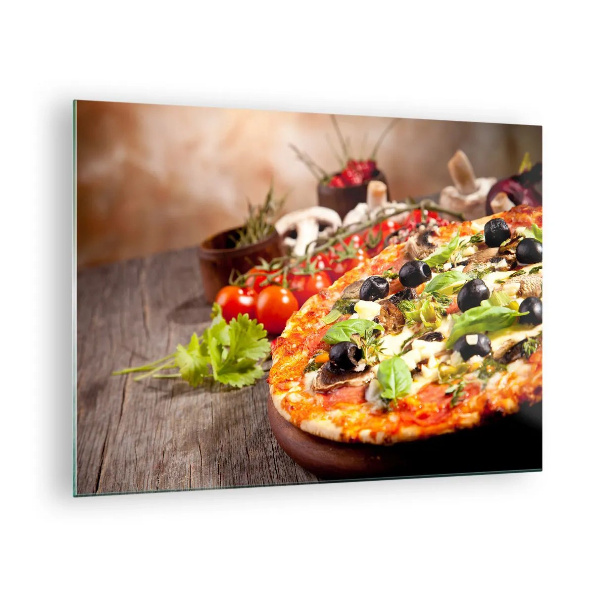 Quadro em vidro - Pizza com azeitonas, cogumelos e ervas frescas em uma mesa de madeira - 70x50cm - Ingredientes telúricos - Decoração de parede moderna para a sala de estar e quarto ARTTOR