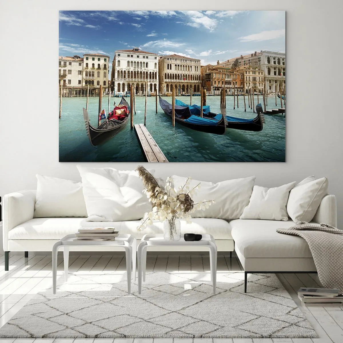 Quadro em vidro - Gôndolas em um canal em Veneza em um dia ensolarado - 70x50cm - Palácios em azul - Decoração de parede moderna para a sala de estar e quarto ARTTOR