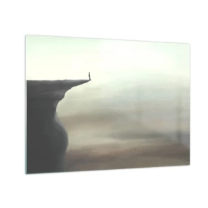 Quadro em vidro - Silhueta de uma pessoa em pé na beira de um penhasco acima da neblina - 70x50cm - Para cima, é claro! - Decoração de parede moderna para a sala de estar e quarto ARTTOR