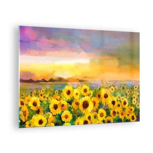 Quadro em vidro - Um campo de girassóis à luz do pôr do sol - 70x50cm - O próprio sol desceu à terra - Decoração de parede moderna para a sala de estar e quarto ARTTOR