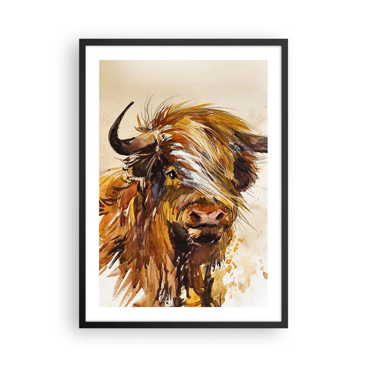 Pôster com moldura preta - Retrato de um touro em estilo artístico de aquarela - 50x70cm - Orgulho do caçador - Decoração de parede moderna para a sala de estar e quarto ARTTOR