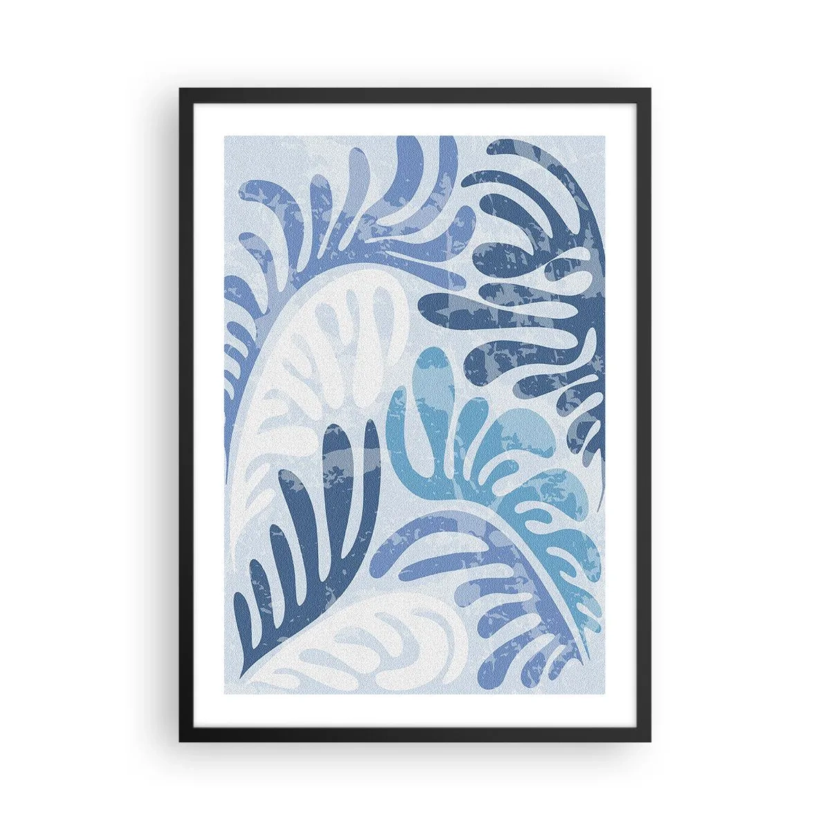 Pôster com moldura preta - Composição abstrata de folhas em tons de azul - 50x70cm - Samambaias azuis - Decoração de parede moderna para a sala de estar e quarto ARTTOR