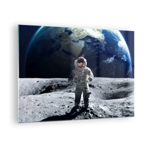 Quadro em vidro - Astronauta na superfície da Lua com a Terra ao fundo - 70x50cm - Saudações da Lua - Decoração de parede moderna para a sala de estar e quarto ARTTOR