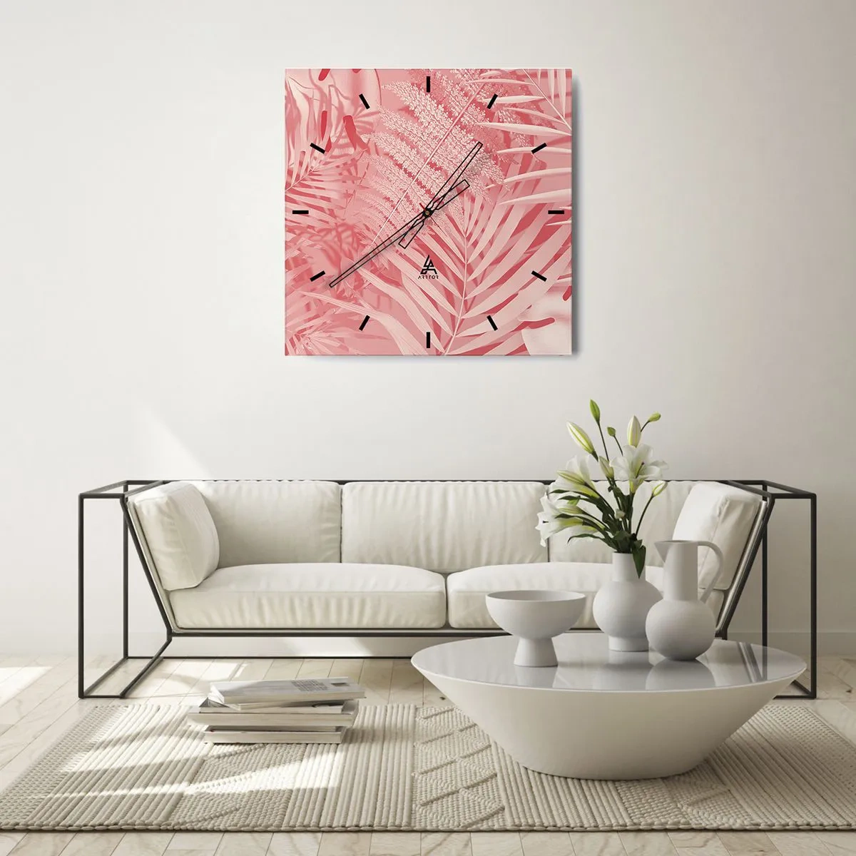 Relógio de parede - Relógio em vidro - Conceito cor-de-rosa - 30x30 cm
