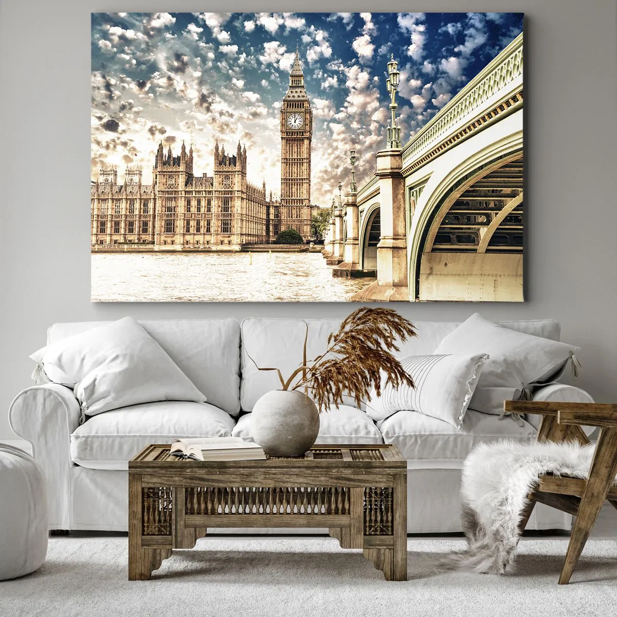 Quadro em tela - O Big Ben e a Ponte de Westminster iluminados pelo sol em Londres - 70x50cm - Nuvens emplumadas sobre o Tamisa - Decoração de parede moderna para a sala de estar e quarto ARTTOR