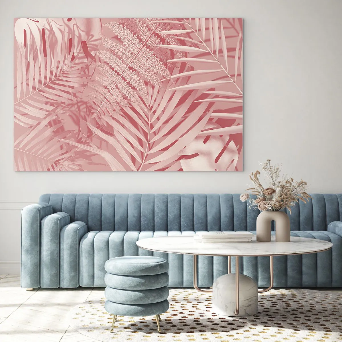 Quadro em vidro - Folhas tropicais rosa em uma composição moderna - 70x50cm - Conceito cor-de-rosa - Decoração de parede moderna para a sala de estar e quarto ARTTOR