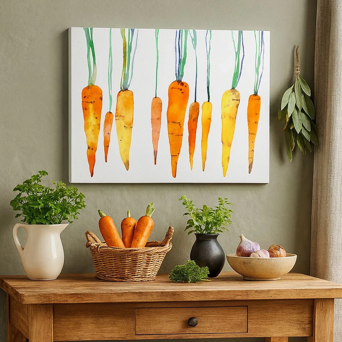 Quadro em tela - Cenouras em aquarela em diferentes tons sobre fundo branco - 70x50cm - A beleza do ordinário - Decoração de parede moderna para a sala de estar e quarto ARTTOR