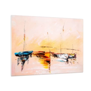 Quadro em vidro - Barcos coloridos atracados em um cenário de pôr do sol impressionista - 70x50cm - Noite na marina - Decoração de parede moderna para a sala de estar e quarto ARTTOR