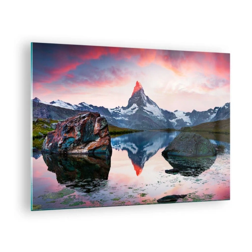 Quadro em vidro - Um pico de montanha refletido na superfície calma de um lago ao pôr do sol - 70x50cm - O coração das montanhas é quente - Decoração de parede moderna para a sala de estar e quarto ARTTOR