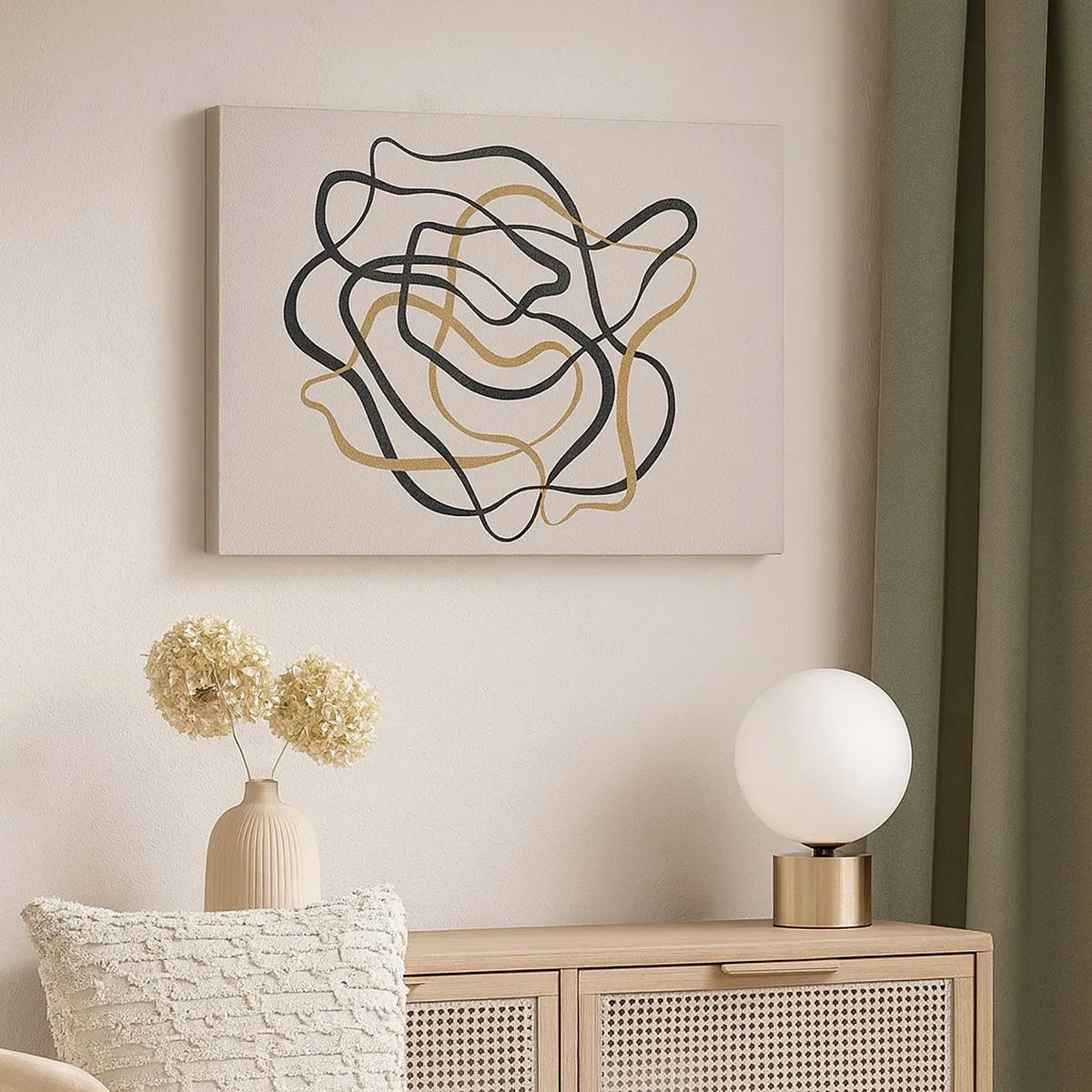 Quadro em tela - Linhas emaranhadas em preto e dourado sobre fundo claro - 70x50cm - Tudo deu errado - Decoração de parede moderna para a sala de estar e quarto ARTTOR