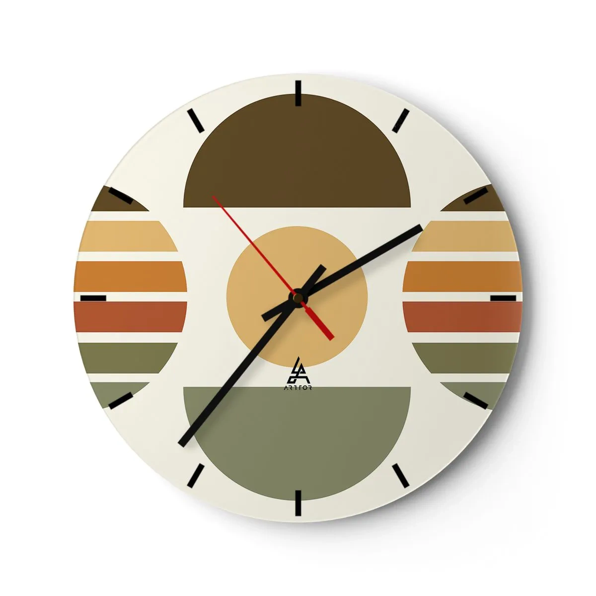 Relógio de parede - Relógio em vidro - Semicírculos geométricos e listras em tons terrosos sobre fundo claro - 30x30cm - Em tons terrosos - Decoração de parede moderna para a sala de estar, cozinha e quarto ARTTOR