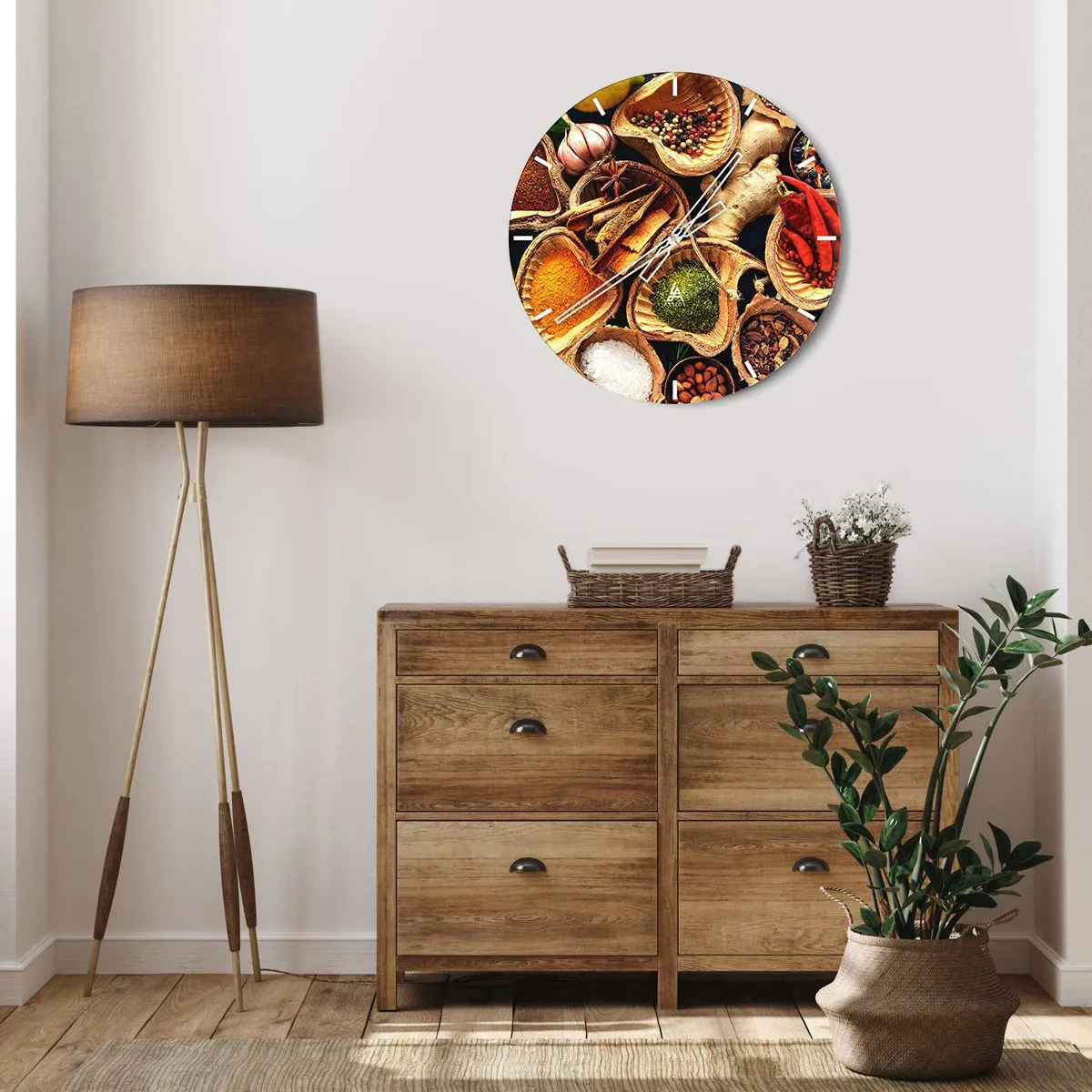 Relógio de parede - Relógio em vidro - Uma composição de especiarias em tigelas de madeira - 30x30cm - Leve o que quiser - Decoração de parede moderna para a sala de estar, cozinha e quarto ARTTOR