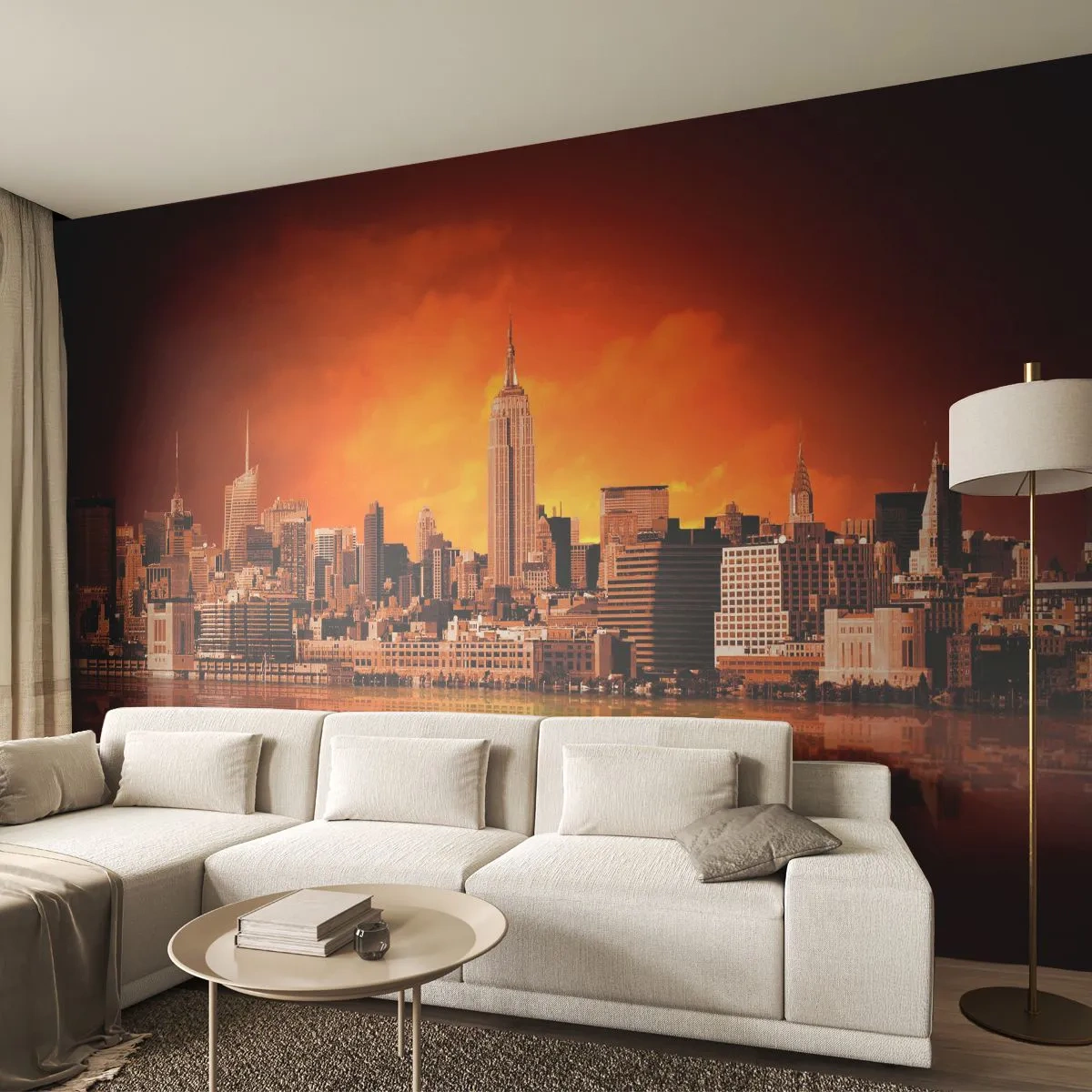 Papel de Parede Premium Sand - Panorama metropolitano em amarelo e bronze - Nova Iorque, Arquitetura, Cidade - 400x280 cm